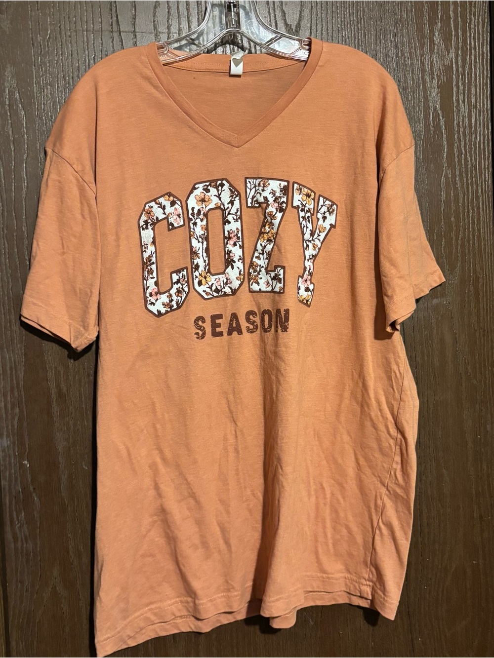 Cozy Season V-Neck Tee - Rust Orange Floral Logo
